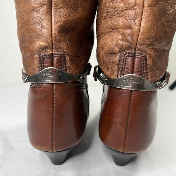 Vintage Zodiac Leather Boots Western Boho Mid-Calf Toe Taps Straps Brown 8.5 - Picture 8 of 12